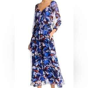 Derek Lam Women’s Blue Print Long Midi Shear Sleeve Elastic Waist V Neck New S
